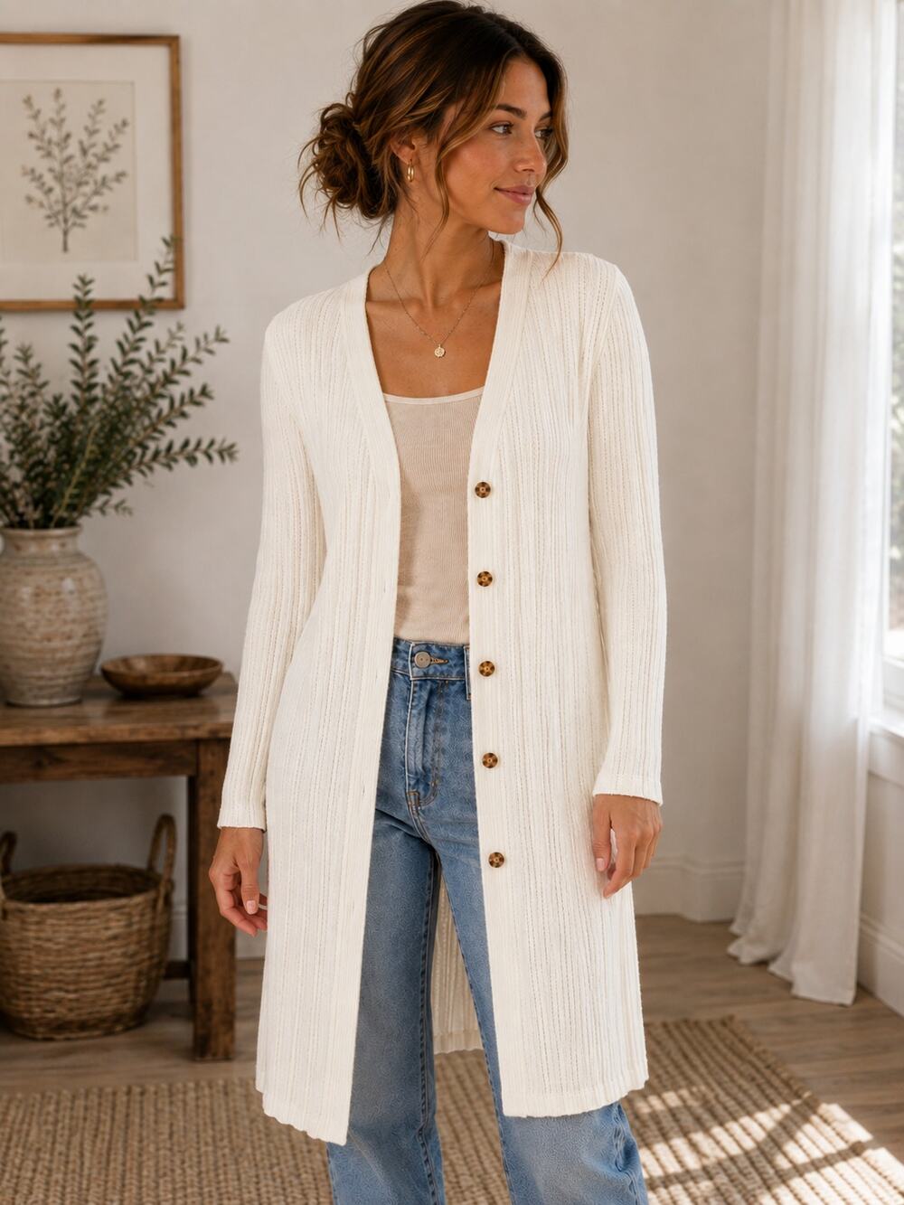 Free People Skylight Ribbed Longline Duster Cardigan Morning Oat